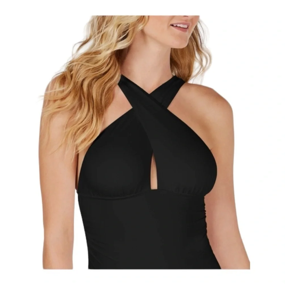 Michael Kors High Neck Shirred One-Piece Swimsuit in Black NWT